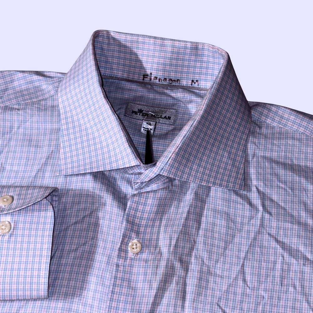 Peter Millar Button Down Shirt Mens XL Blue Pink Check Tattersall Long Sleeve